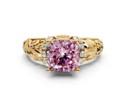 Solitaire Engagement Ring Setting for Fancy Pink Cushion Cut Center with Filigree Accent Basket and Prong Head in Yellow Gold
