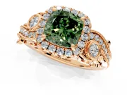 Milgrain Halo Engagement Ring Setting for Fancy Green Cushion Cut Center with Shoulder Bezels and Prong Head in Rose Gold