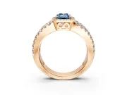 Halo Engagement Ring Setting for Fancy Blue Emerald Cut Center with Wide-Open Pave Split Shank and Prong Head in Rose Gold