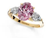 3 Stone Engagement Ring Setting for Fancy Pink Oval Center with Large Pear-Shaped Accents and Prong Head in Yellow Gold