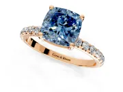 Solitaire Engagement Ring Setting for Fancy Blue Cushion Cut Center with Micro Pave Band and Prong Head in Rose Gold