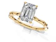 Solitaire Engagement Ring Setting for Emerald Cut Center with Bamboo Band and Prong Head in Yellow Gold