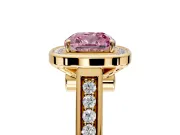 Halo Engagement Ring Setting for Fancy Pink Cushion Cut Center with Outer Bezel Rim, Pave Band and Prong Head in Yellow Gold