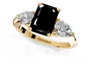 3 Stone Engagement Ring Setting for Fancy Black Emerald Cut Center with Large Pear-Shaped Accents and Prong Head in Yellow Gold