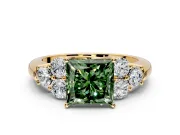 Cluster Engagement Ring Setting for Fancy Green Princess Cut Center with Round Cut Accent Frame and Prong Head in Yellow Gold