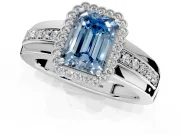 Halo Engagement Ring Setting for Fancy Blue Emerald Cut Center with Wide Band, Inlaid Accent Row and Prong Head in Platinum
