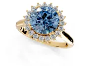 Starburst Halo Engagement Ring Setting for Fancy Blue Round Cut Center with Thin Round-Wire Band and Prong Head in Yellow Gold