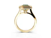 Halo Engagement Ring Setting for Fancy Green Princess Cut Center with Milgrain Frame, Pave Band and Prong Head in Yellow Gold