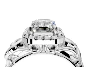 Halo Engagement Ring Setting for Emerald Cut Center with Open Scroll Shoulders and Prong Head in Sterling Silver