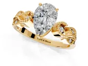 Leaf Engagement Ring Setting for Pear-Shaped Center with Milgrain Accent Band and Prong Head in Yellow Gold