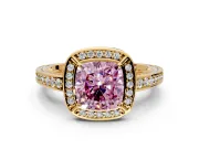 Halo Engagement Ring Setting for Fancy Pink Cushion Cut Center with Framed Halo, Pave Band and Prong Head in Yellow Gold