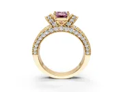 Pave Engagement Ring Setting for Fancy Pink Emerald Cut Center with Curved Accent Rows, Openwork and Prong Head in Yellow Gold