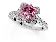 Floral Engagement Ring Setting for Fancy Pink Cushion Cut Center with Pave Band and Floral Prong Head in Platinum
