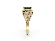 Halo Engagement Ring Setting for Fancy Green Emerald Cut Center with Marquise and Pave Bypass Band and Prong Head in Yellow Gold
