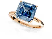 Hidden Halo Engagement Ring Setting for Fancy Blue Asscher Cut Center with Thin Round-Wire Band and Prong Head in Rose Gold