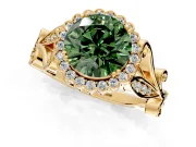 Halo Engagement Ring Setting for Fancy Green Round Cut Center with Leaf Motif Split Shank and Prong Head in Yellow Gold