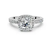 Halo Engagement Ring Setting for Cushion Cut Center with Full Pave Band and Prong Head in White Gold