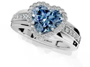 Halo Engagement Ring Setting for Fancy Blue Heart-Shaped Center with Wide Band, Inlaid Accent Row and Prong Head in White Gold
