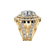 Double Halo Engagement Ring Setting for Round Cut Center with Narrow Pave Split Shank and Prong Head in Yellow Gold