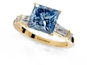 Bar-Set Engagement Ring Setting for Fancy Blue Princess Cut Center with Tapered Baguette Accents and Prong Head in Yellow Gold