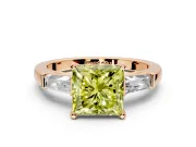 3 Stone Engagement Ring Setting for Fancy Yellow Princess Cut Center with Tapered Baguettes, Plain Band and Prong Head in Rose Gold