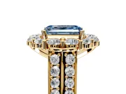 Large Accent Halo Engagement Ring Setting for Fancy Blue Emerald Cut Center with Pave Split Shank and Prong Head in Yellow Gold