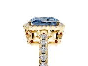 Accent Halo Engagement Ring Setting for Fancy Blue Radiant Cut Center with Full-Length Pave Band and Prong Head in Yellow Gold