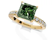 Solitaire Engagement Ring Setting for Fancy Green Princess Cut Center with Round Cut Pave Band and Prong Head in Yellow Gold