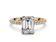 Solitaire Engagement Ring Setting for Emerald Cut Center with Pave Band and Claw Prong Head in Yellow Gold