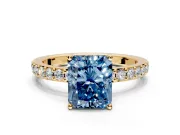 Solitaire Engagement Ring Setting for Fancy Blue Radiant Cut Center with Round Cut Pave Band and Prong Head in Yellow Gold