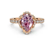 Halo Engagement Ring Setting for Fancy Pink Pear-Shaped Center with Openwork Halo, Pave Band and Prong Head in Rose Gold