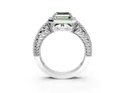 Milgrain Halo Engagement Ring Setting for Fancy Green Asscher Cut Center with Pave Band and Prong Head in Sterling Silver