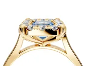 Single Halo Engagement Ring Setting for Fancy Blue Emerald Cut Center with Corner Claws, Plain Band and Prong Head in Yellow Gold