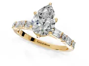 Baguette Engagement Ring Setting for Pear-Shaped Center with Alternating Bar-Set Band and Prong Head in Yellow Gold
