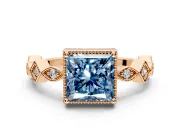 Milgrain Bezel Engagement Ring Setting for Fancy Blue Princess Cut Center with Marquise Stations and Bezel Head in Rose Gold
