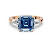 3 Stone Engagement Ring Setting for Fancy Blue Asscher Cut Center with Baguette Accents and Prong Head in Rose Gold
