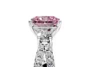 3 Stone Engagement Ring Setting for Fancy Pink Radiant Cut Center with Pave Split Shank and Prong Head in Platinum