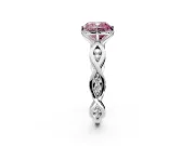 Solitaire Engagement Ring Setting for Fancy Pink Cushion Cut Center with Accented Twist Band and Leaf Prong Head in White Gold