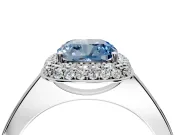 Halo Engagement Ring Setting for Fancy Blue Cushion Cut Center with Plain Tapered Band and Prong Head in Platinum