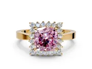 Starburst Halo Engagement Ring Setting for Fancy Pink Cushion Cut Center with Flat Cathedral Band and Prong Head in Yellow Gold