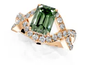 Halo Engagement Ring Setting for Fancy Green Emerald Cut Center with Pave Infinity Twist Band and Prong Head in Rose Gold