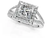 Halo Engagement Ring Setting for Princess Cut Center with Pave Split Shank and Prong Head in Platinum