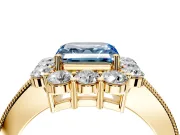 Halo Engagement Ring Setting for Fancy Blue Asscher Cut Center with Milgrain Channel Band and Prong Head in Yellow Gold
