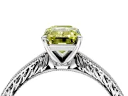 Solitaire Engagement Ring Setting for Fancy Yellow Emerald Cut Center with Engraved Milgrain Band and Prong Head in Platinum