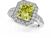 Bezel-Framed Halo Engagement Ring Setting for Fancy Yellow Radiant Cut Center with Pave Band and Prong Head in Sterling Silver