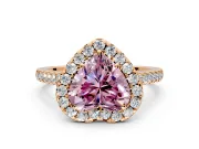 Halo Engagement Ring Setting for Fancy Pink Heart-Shaped Center with Narrowing Pave Band and Prong Head in Rose Gold