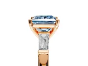3 Stone Engagement Ring Setting for Fancy Blue Princess Cut Center with Tapered Baguettes, Plain Band and Prong Head in Rose Gold