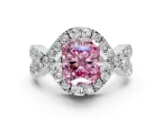 Halo Engagement Ring Setting for Fancy Pink Radiant Cut Center with Pave Infinity Twist Band and Prong Head in Platinum