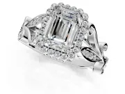 Halo Engagement Ring Setting for Emerald Cut Center with Leaf Motif Split Shank and Prong Head in Platinum