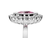 Halo Engagement Ring Setting for Fancy Pink Oval Center with Milgrain Bezel Rim, Plain Band and Prong Head in Platinum